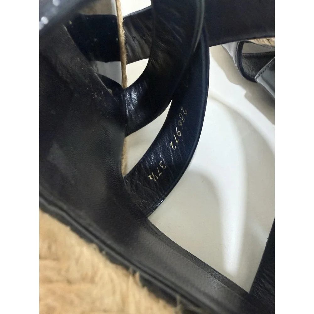 Yves Saint Laurent Espadrille Wedge Sandals Shoes Dark Blue Leather Size 37.5
